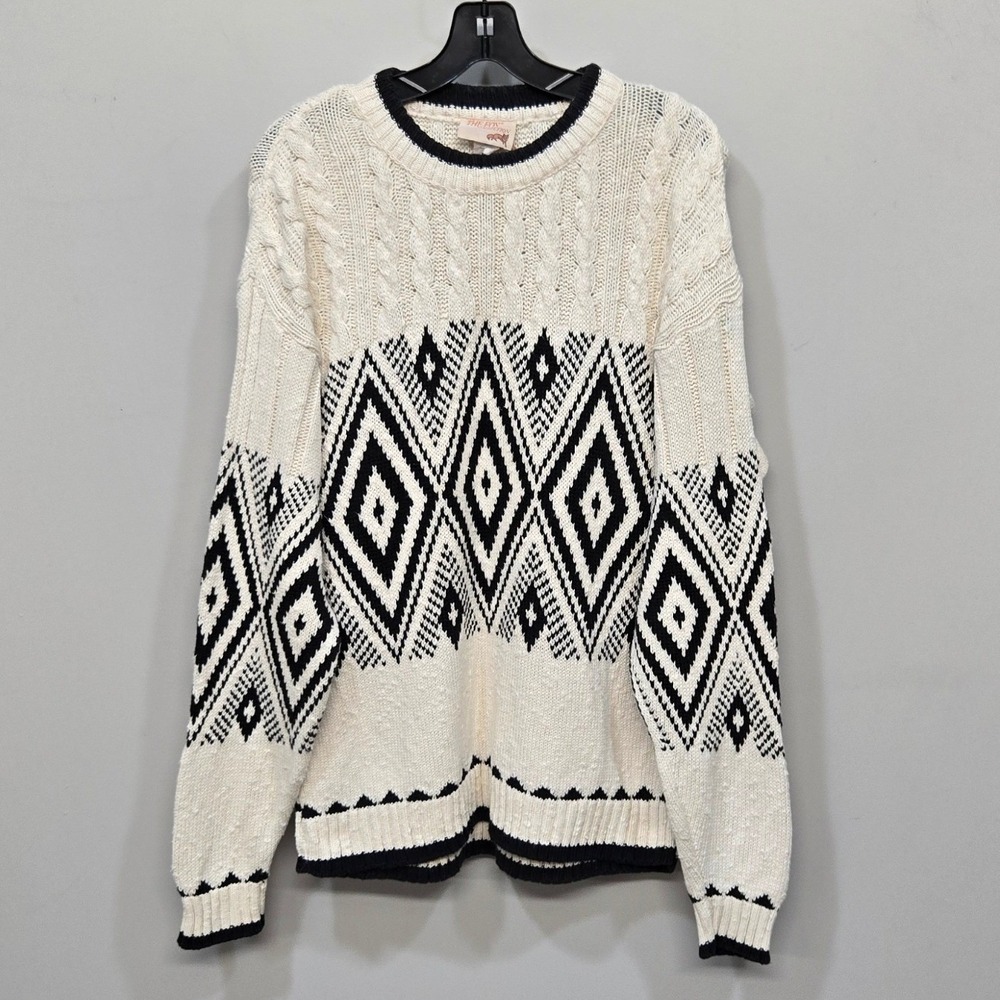 Vintage 90s The Fox‎ Collection Sweater Medium Cream Black Geometric Cable Knit